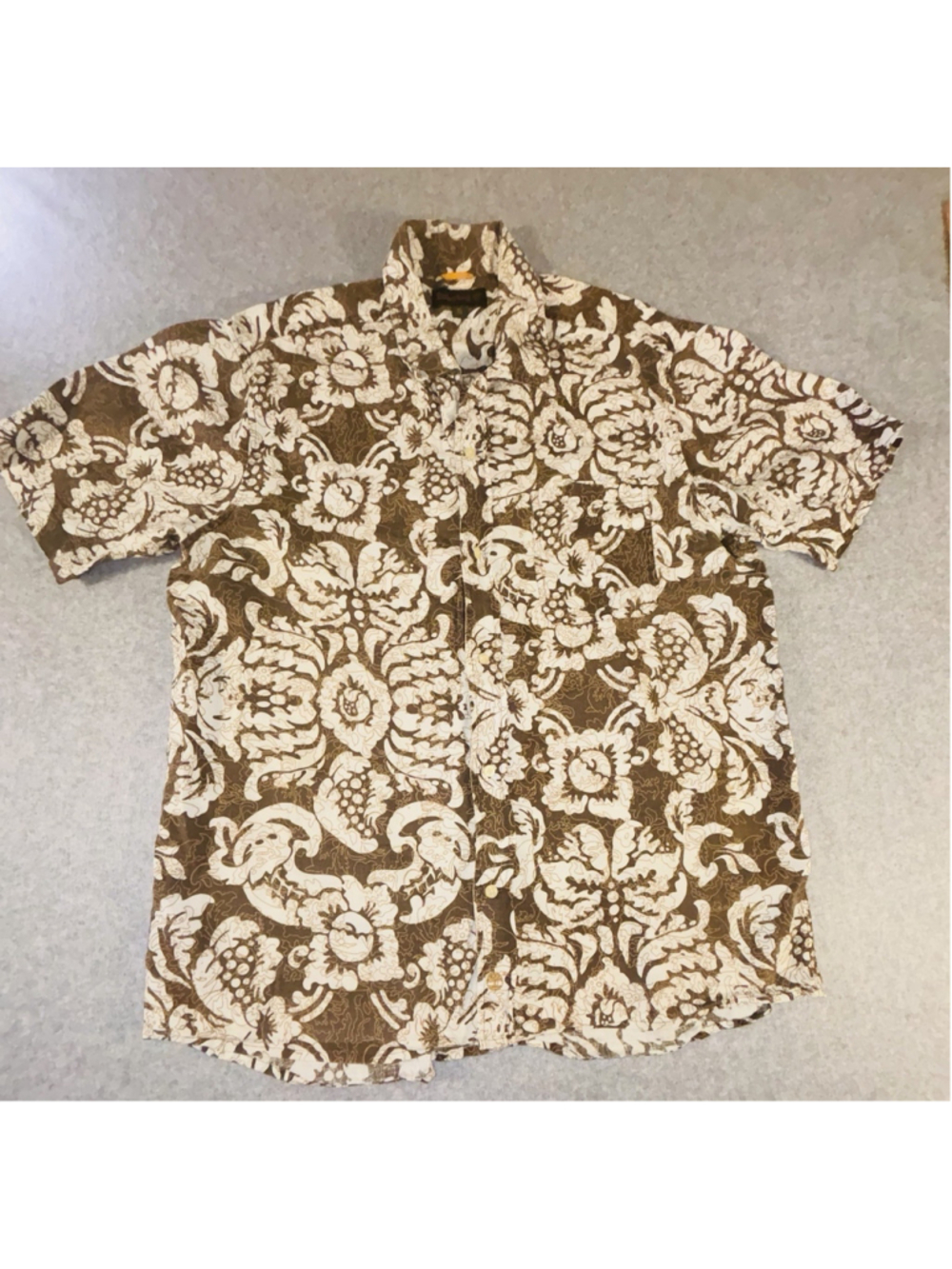 Timberland Linen Shirt XL Brown Floral Hawaiian Short Sleeve Button Up